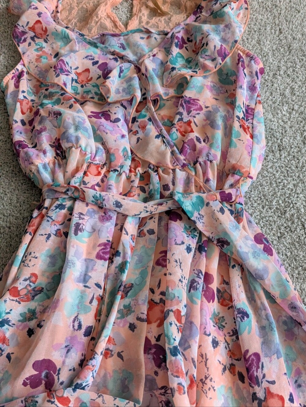 🌼B2G1🌼 Disney Cinderella Pink Multi Floral Ruffle Handkerchief Hem Dress NWT - Picture 3 of 8
